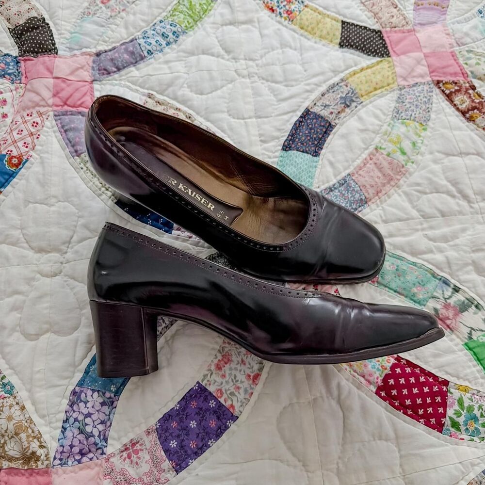 90s brown leather square toe chunky heels
